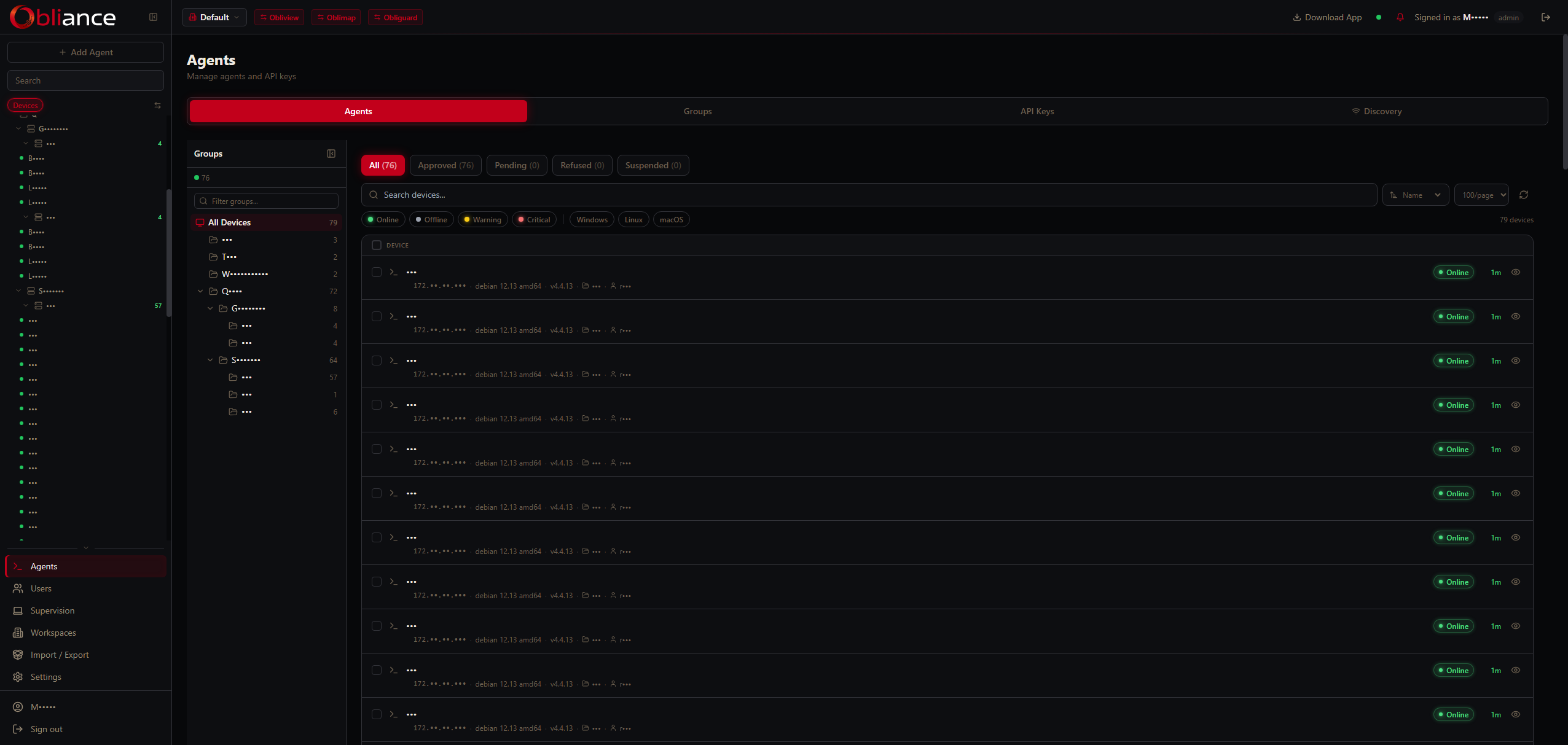 Obliance agents — fleet management with groups and status