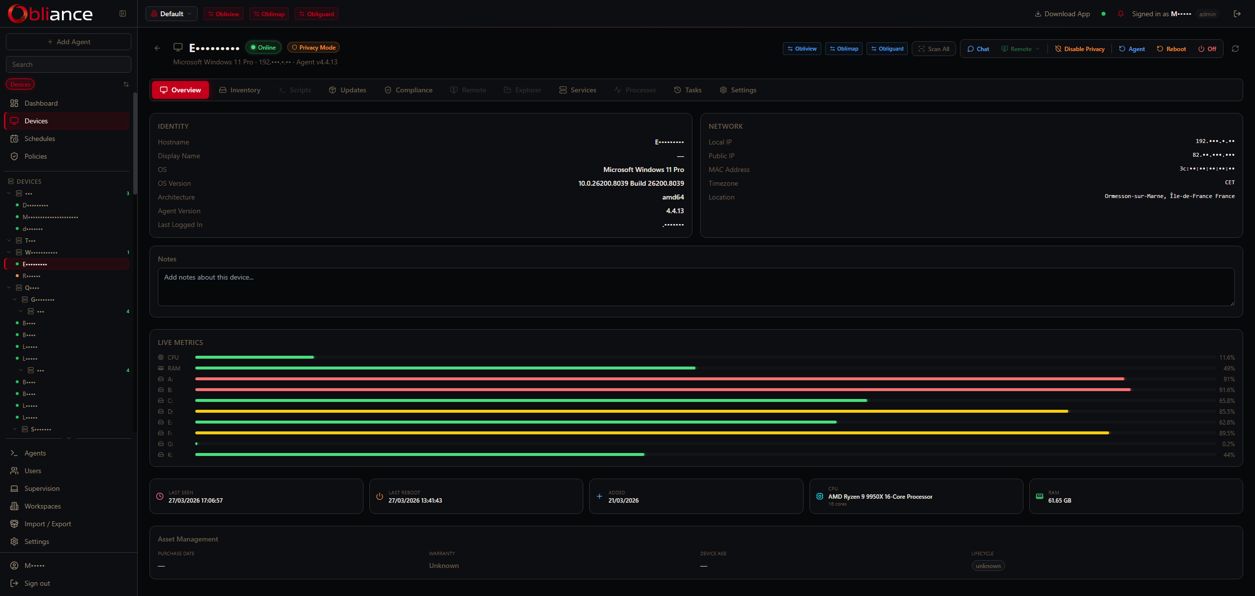 Device hardware inventory — OS, CPU, GPU, disks, NICs