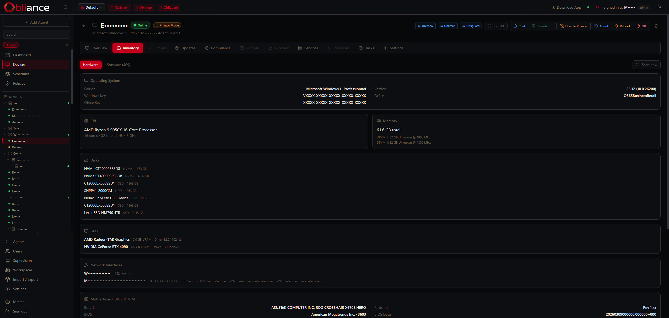 Device overview with live CPU, RAM, disk metrics
