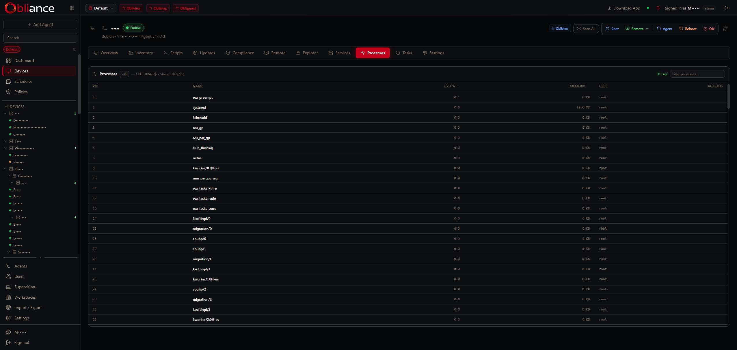 Process list with CPU and memory usage