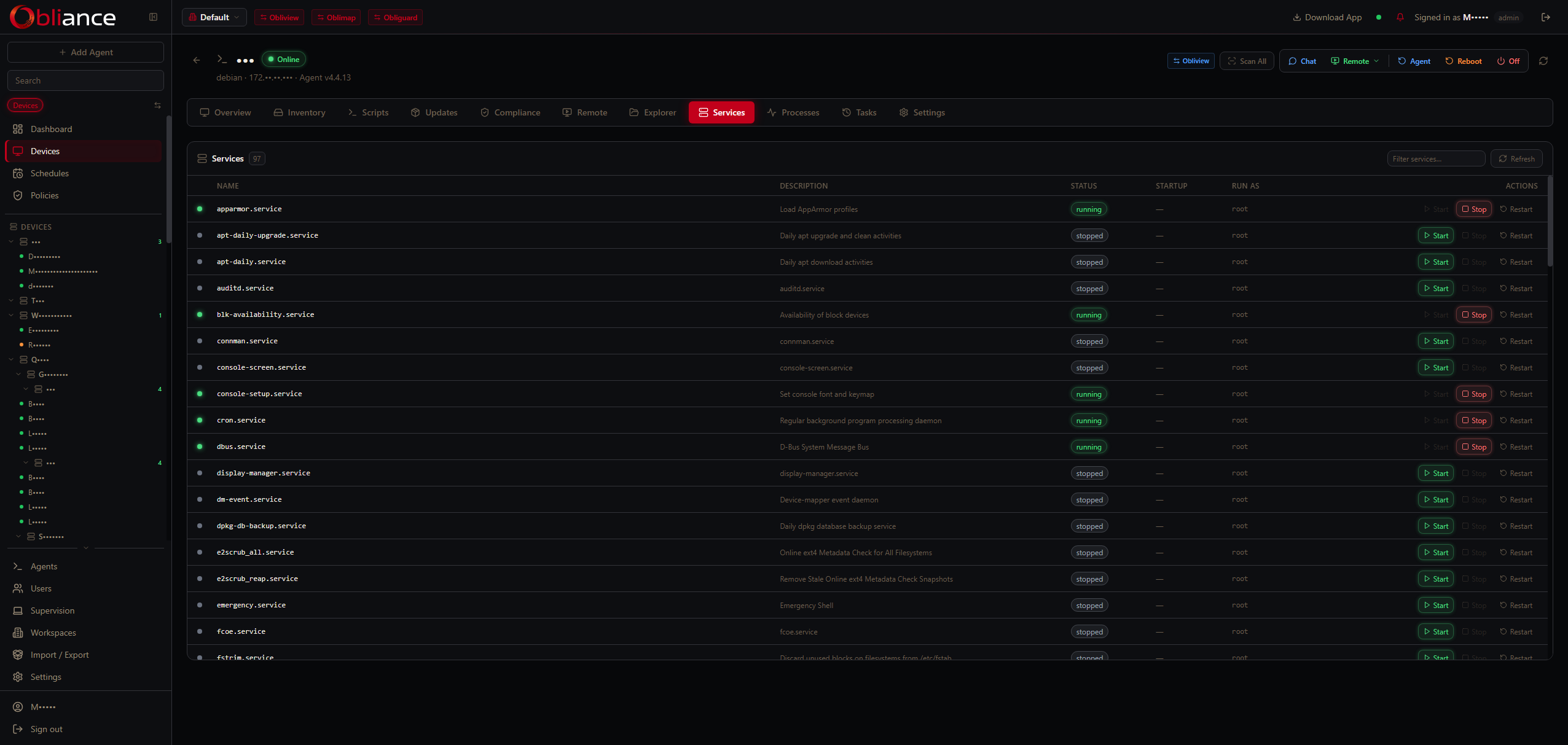 Windows services with running/stopped status