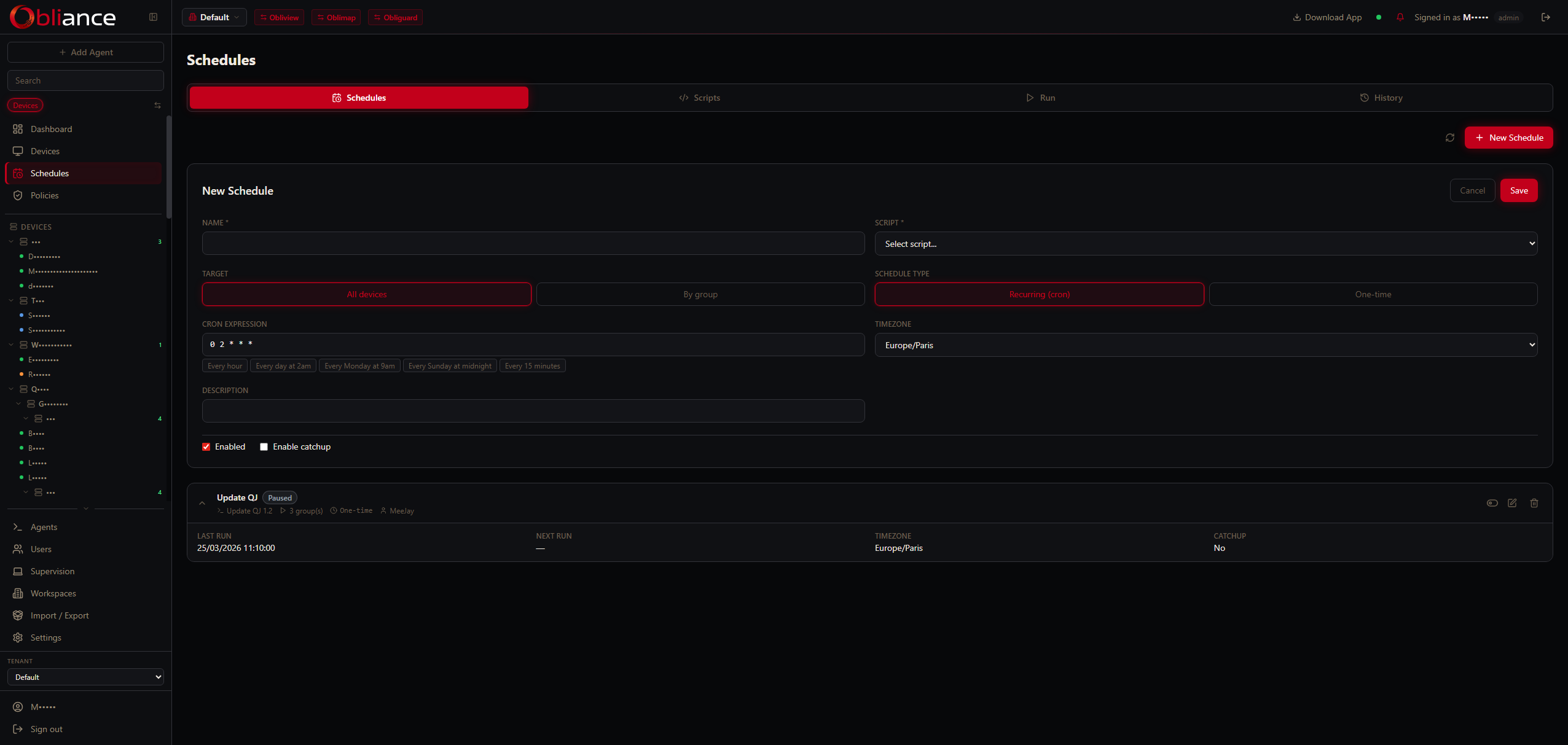 Schedule creation — script, target, recurrence