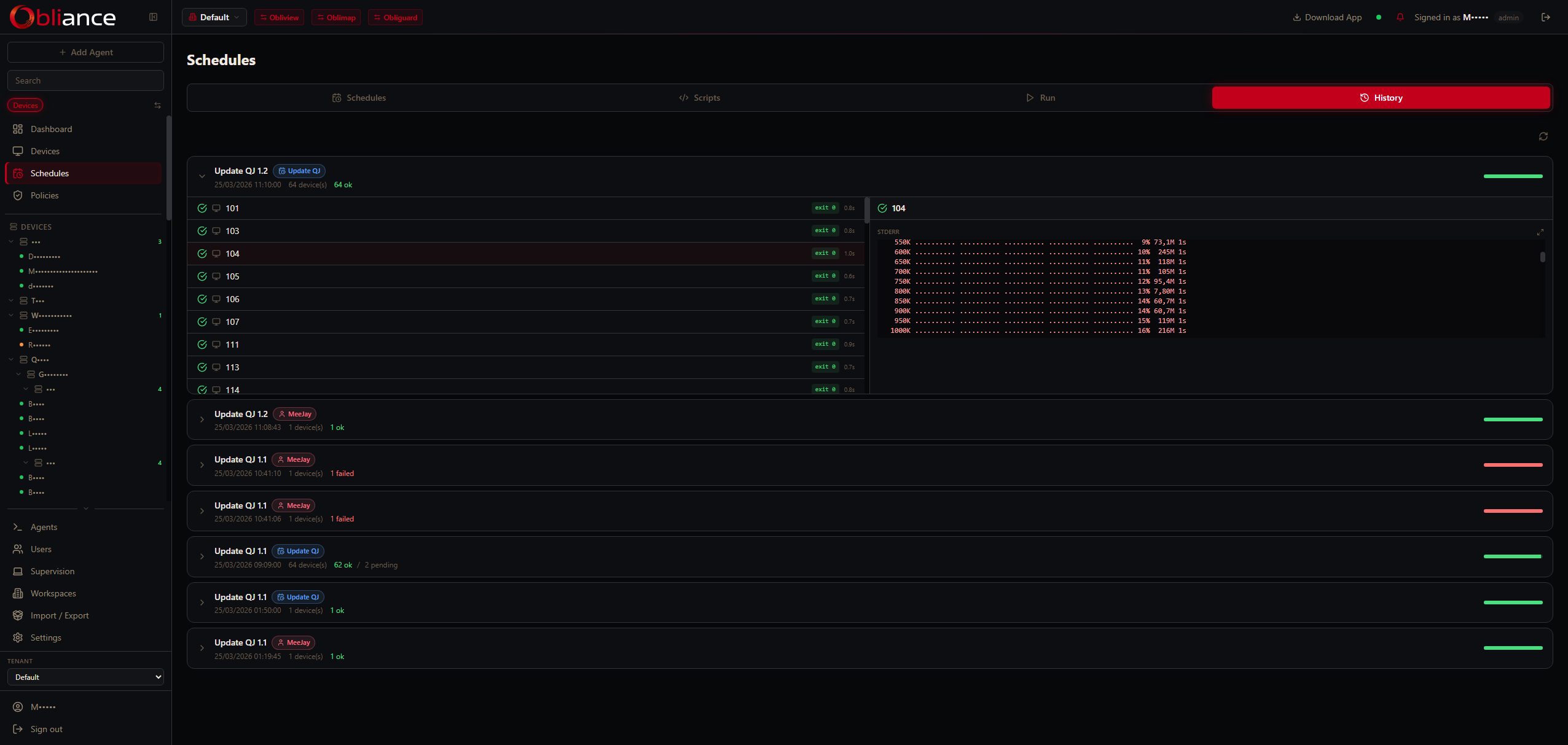 Schedule execution history with status and result graph